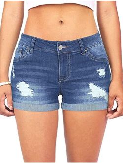 CHICZONE Women's Denim Shorts Mid Rise Ripped Jean Shorts Stretchy Folded Hem Hot Short Jeans