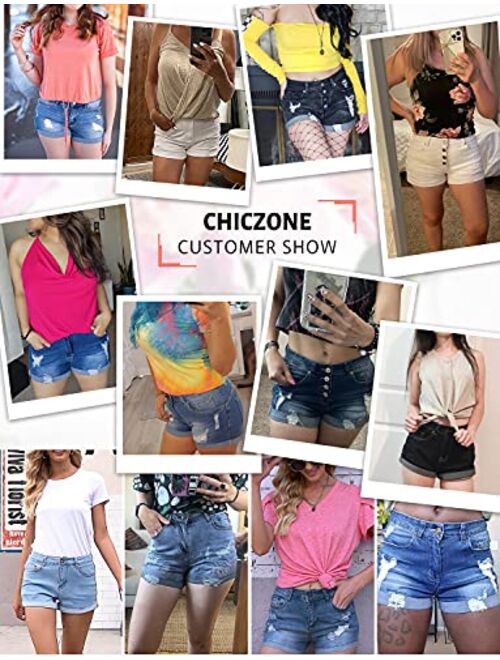 CHICZONE Women's Denim Shorts Mid Rise Ripped Jean Shorts Stretchy Folded Hem Hot Short Jeans