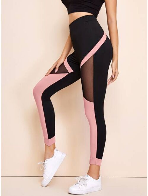 SHEIN Mesh Insert Colorblock Leggings