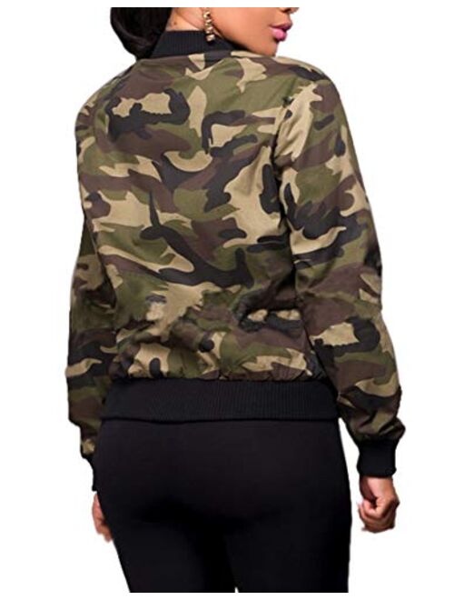 SheKiss Women Camouflage Paint Lightweight Jackets Long Sleeve Zipper Canvas Camo with Pockets