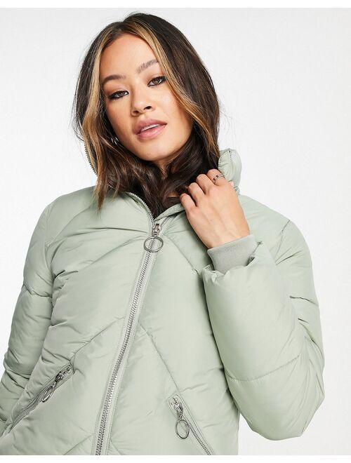 Topshop padded jacket with faux fur hood in sage