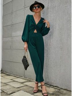 Solid Twist Front Cut Out Bishop Sleeve Jumpsuit