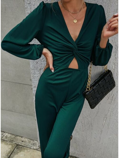 Shein Solid Twist Front Cut Out Bishop Sleeve Jumpsuit