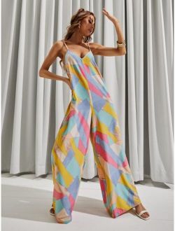 LUUKSE Backless All Over Print Wide Leg Cami Jumpsuit