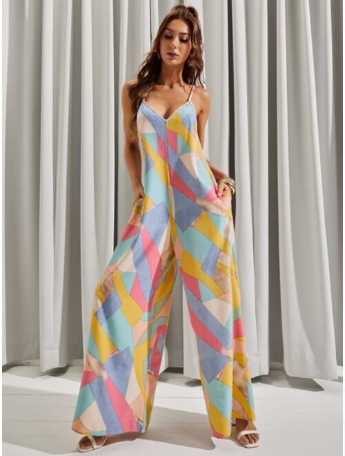 Shein LUUKSE Backless All Over Print Wide Leg Cami Jumpsuit