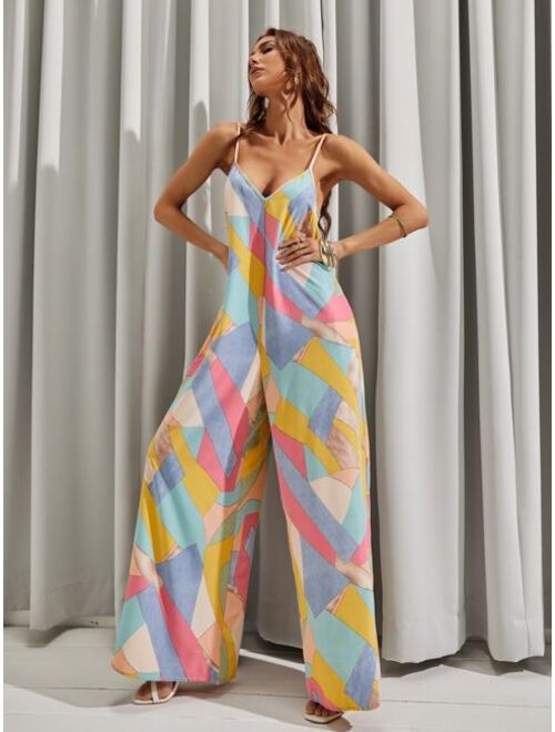 Shein LUUKSE Backless All Over Print Wide Leg Cami Jumpsuit