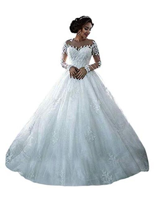 RYANTH New Women's Long Sleeves O Neck Lace Ball Gown Wedding Dress Bridal Gowns R12