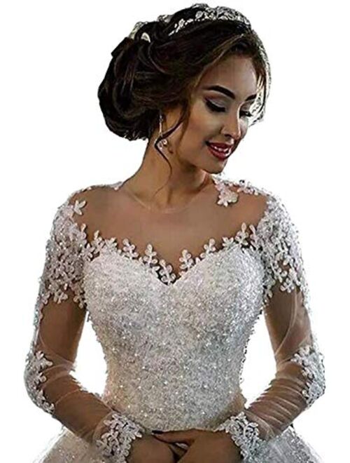 RYANTH New Women's Long Sleeves O Neck Lace Ball Gown Wedding Dress Bridal Gowns R12