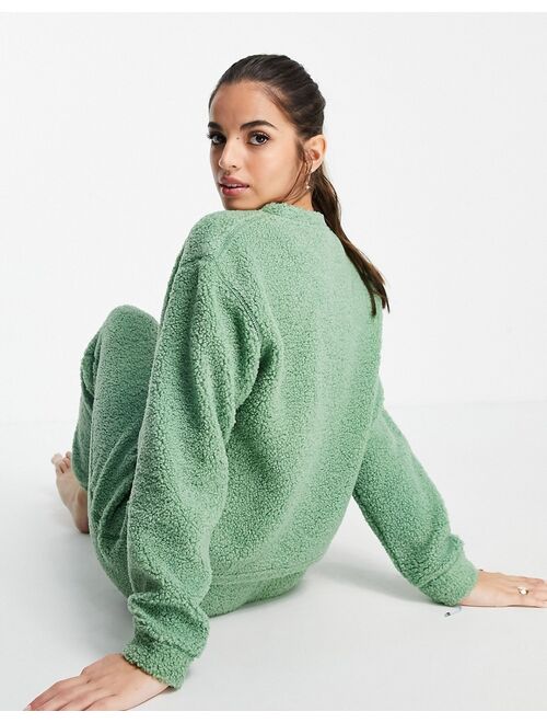 Asos Design lounge borg sweatshirt & sweatpants set in green
