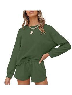 Women's Waffle Knit Long Sleeve Top and Shorts Pullover Nightwear Lounge Pajama Set with Pockets