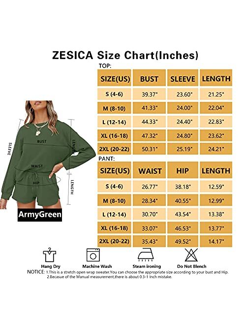 ZESICA Women's Waffle Knit Long Sleeve Top and Shorts Pullover Nightwear Lounge Pajama Set with Pockets