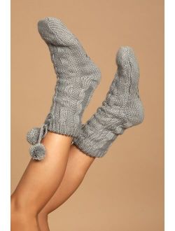 Cozy Charm Grey Cable Knit Pom Pom Socks