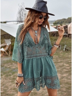 Contrast Lace Plunging Cover Up