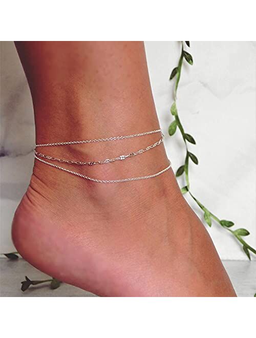 Pencros Dainty Layered Anklet,14K Gold Filled Cute Beads Satellite Chain Heart Boho Adjustable Anklets for Women Teen Girls