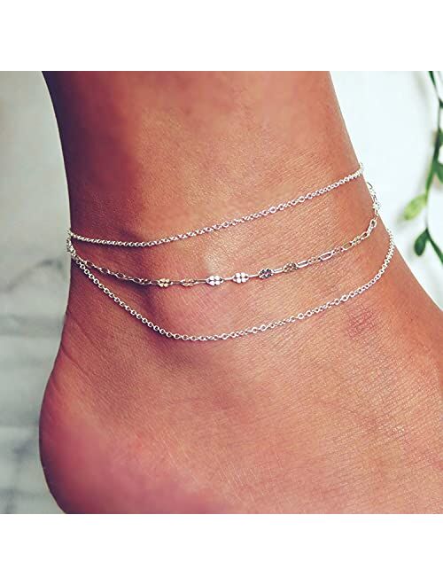 Pencros Dainty Layered Anklet,14K Gold Filled Cute Beads Satellite Chain Heart Boho Adjustable Anklets for Women Teen Girls