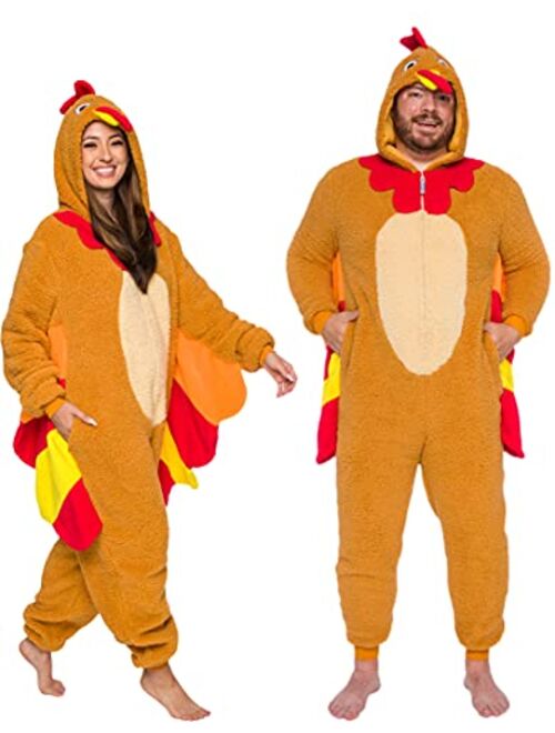 FUNZIEZ! Adult Turkey Costume - Thanksgiving Pajamas - Sherpa One Piece Animal Costume