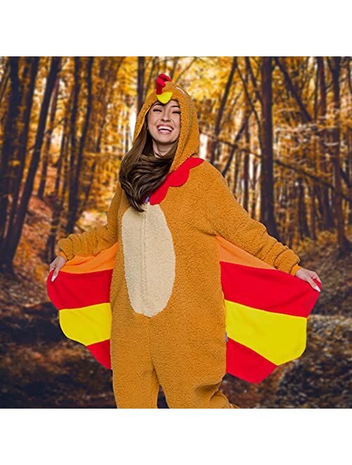 FUNZIEZ! Adult Turkey Costume - Thanksgiving Pajamas - Sherpa One Piece Animal Costume