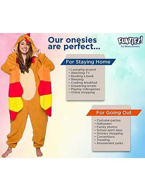 FUNZIEZ! Adult Turkey Costume - Thanksgiving Pajamas - Sherpa One Piece Animal Costume