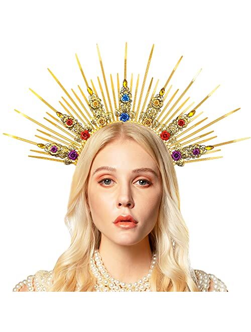 Gold Halo Crown Headpiece Mary Goddess Crown Women Zip Tie Spike Sun Headband Headdress for Halloween Maternity Photoshoot