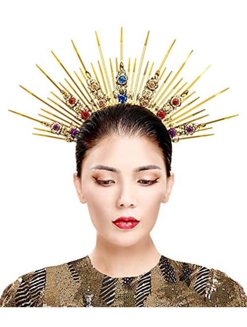 Gold Halo Crown Headpiece Mary Goddess Crown Women Zip Tie Spike Sun Headband Headdress for Halloween Maternity Photoshoot