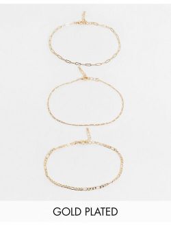pack of 3 14k gold plated anklets in fine mixed chain