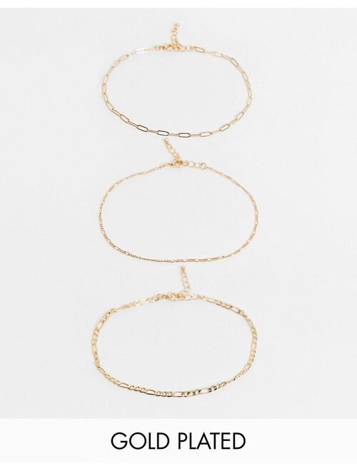 Asos Design pack of 3 14k gold plated anklets in fine mixed chain
