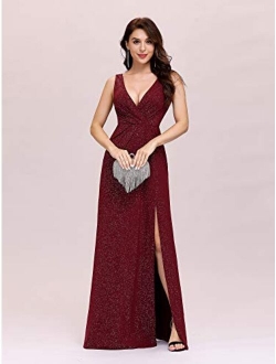 Women's V-Neck Glitter Dress Side Split Evening Dress 7505