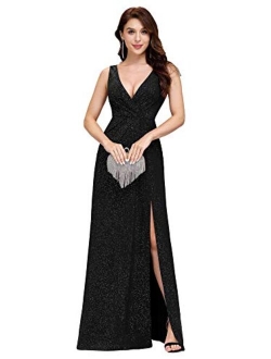 Women's V-Neck Glitter Dress Side Split Evening Dress 7505