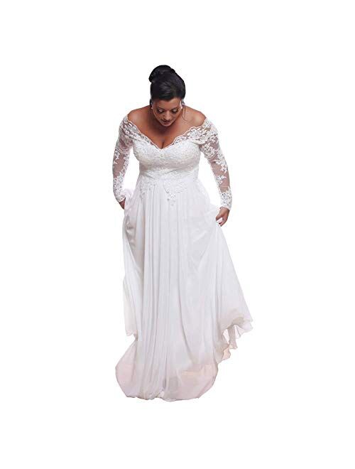 yipeisha Wedding Dress Plus Size V-Neck Applique Long Sleeves Wedding Dresses for Bride