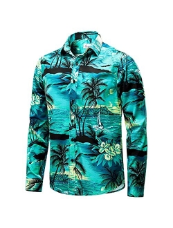 EUOW Mens Hawaiian Shirts Floral Printed Casual Long Sleeve Button Down Beach Dress Shirts