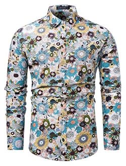 TUNEVUSE Men Floral Dress Shirts Long Sleeve Casual Button Down Flower Printed Shirts 100% Cotton