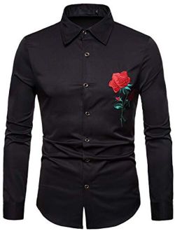 Mens Hipster Embroidery Design Slim Fit Long Sleeve Button Down Dress Shirts