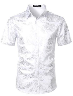 Men's Luxury Paisley Shiny Printed Slim Fit Short Sleeve Button Up Dress Shirt