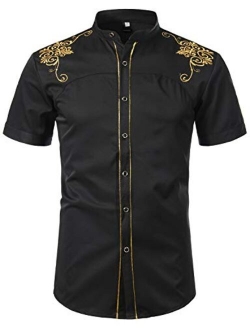 Mens Hipster Gold Embroidery Mandarin Collar Slim Fit Short Sleeve Casual Dress Shirts