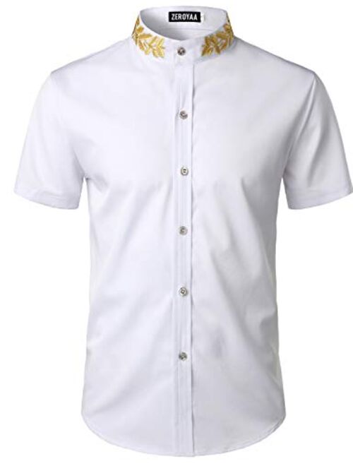 ZEROYAA Mens Hipster Gold Embroidery Mandarin Collar Slim Fit Short Sleeve Casual Dress Shirts