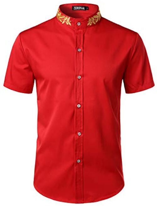 ZEROYAA Mens Hipster Gold Embroidery Mandarin Collar Slim Fit Short Sleeve Casual Dress Shirts