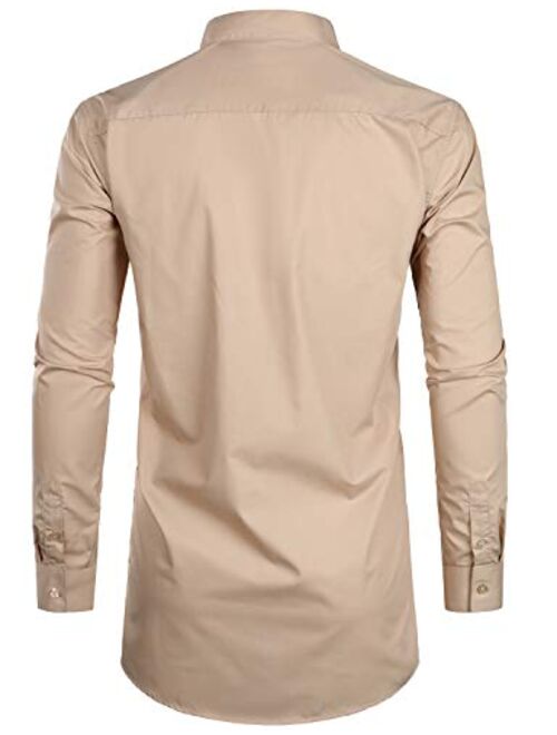 ZEROYAA Men's Hipster Slim Fit Long Sleeve Banded Collar Shirt with Pocket