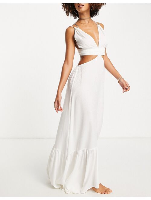 Asos Design jacquard cut out ruched beach maxi dress in ivory