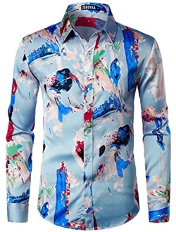 Men's Hipster Printed Slim Fit Long Sleeve Button Up Satin Dress Shirts
