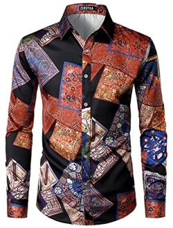 Men's Hipster Printed Slim Fit Long Sleeve Button Up Satin Dress Shirts