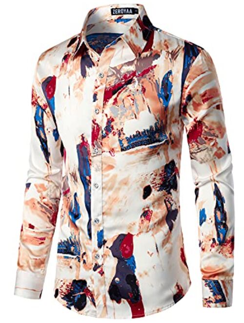 ZEROYAA Men's Hipster Printed Slim Fit Long Sleeve Button Up Satin Dress Shirts