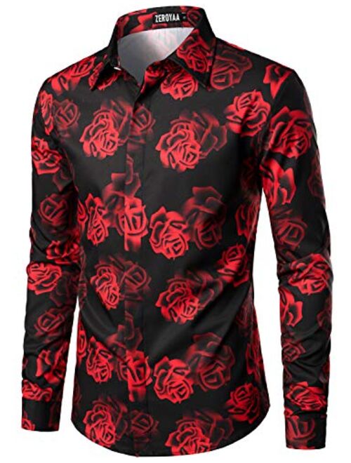 ZEROYAA Men's Hipster Printed Polyester Slim Fit Long Sleeve Button Down Floral Dress Shirts