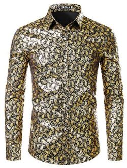 Men's Party Shiny Gold Paisley Slim Fit Long Sleeve Button Down Dress Shirt