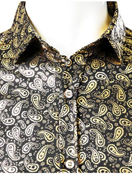 ZEROYAA Men's Party Shiny Gold Paisley Slim Fit Long Sleeve Button Down Dress Shirt