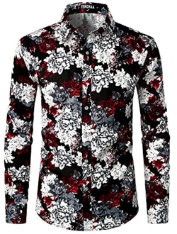 Men's Hipster Floral Printed Long Sleeve Cotton Casual Button Down Dress Shirt