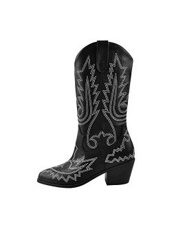 Richealnana Cowboy Boots for Women Embroidered Square Toe Distressed Pull-On Cowgirl Knee High Western Boots