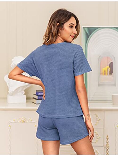 Genhoo Pajamas for Women Short Sleeve Waffle Knit Sleepwear Top and Shorts 2 Piece loungewear with Pockets