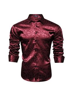 Men's Shiny Satin Dress Shirts Luxury Floral Jacquard Slik Like Long Sleeve Fashion Shirt for Wedding Party Prom