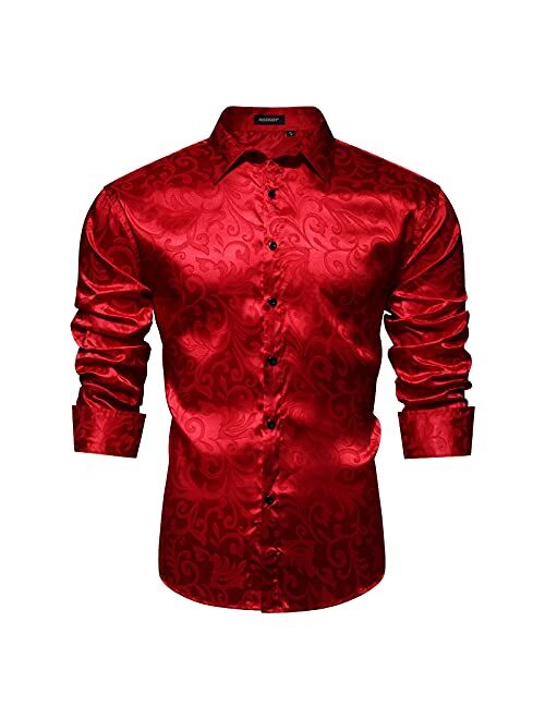 HISDERN Men's Shiny Satin Dress Shirts Luxury Floral Jacquard Slik Like Long Sleeve Fashion Shirt for Wedding Party Prom