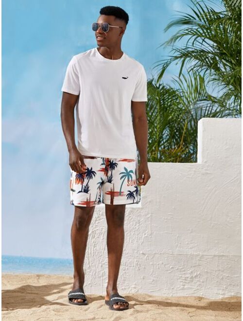 Shein Men Palm Tree & Letter Graphic Swim Trunks